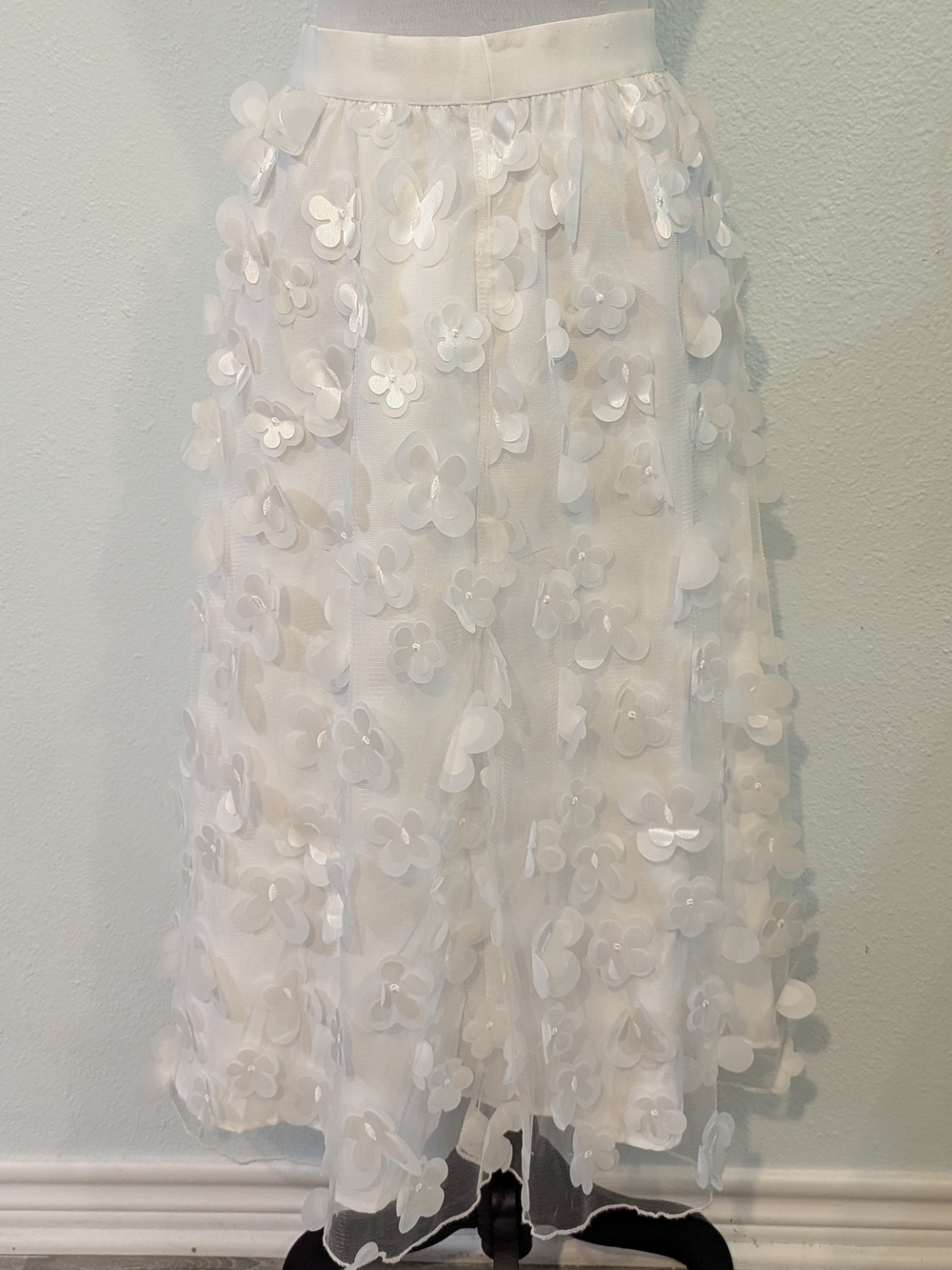 Alice Blue White Floral Appliqué Midi Skirt